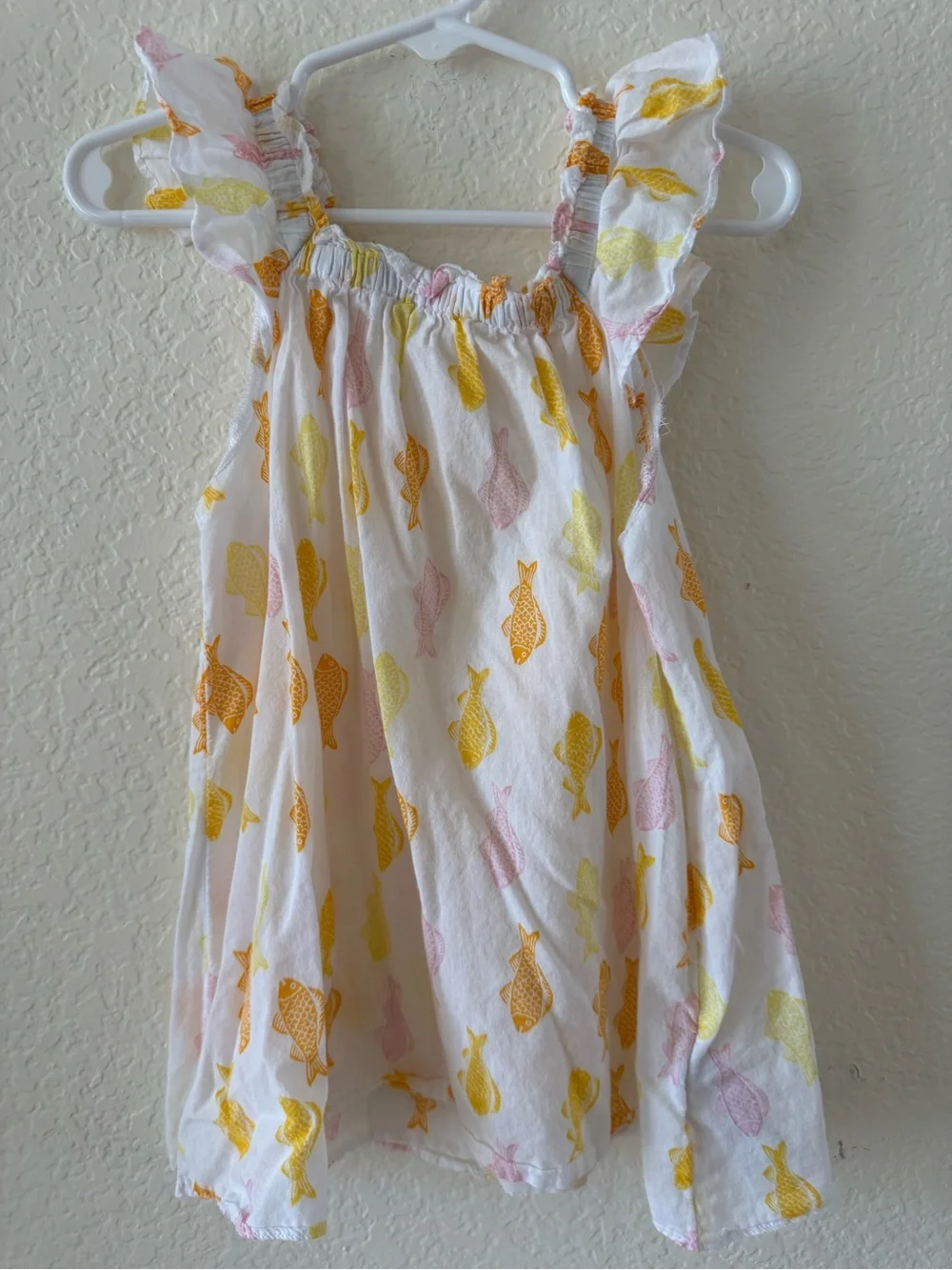 Crewcuts White Girls' Fish Print Ruffle Dress in Yellow & Pink